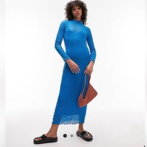 Topshop Blue Long-Sleeve Knit Midi Dress